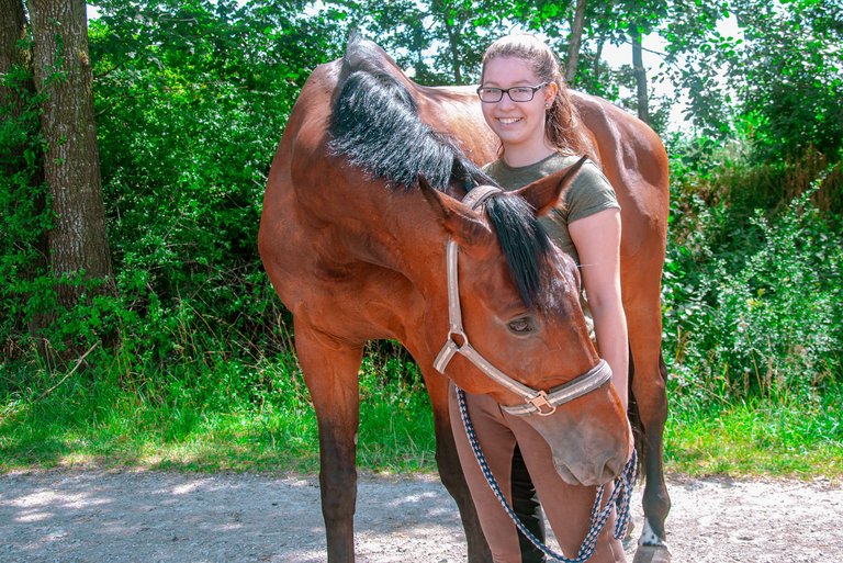 Garota leva um cavalo fora da estrada